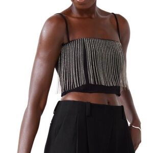 & Other Stories Embellished Fringe Corset Crop Top | Black Rhinestone Party Top